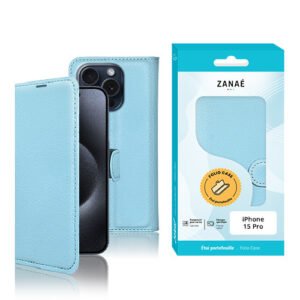 Etui Portefeuille Zanae pour iPhone 15 Pro, Bleu clair