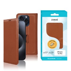 Etui Portefeuille Zanae pour iPhone 15 Pro, Marron