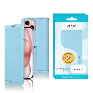Etui Portefeuille Zanae pour iPhone 15, Bleu clair