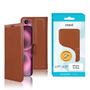 Etui Portefeuille Zanae pour iPhone 16 Plus, Marron
