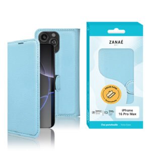 Etui Portefeuille Zanae pour iPhone 16 Pro Max, Bleu clair