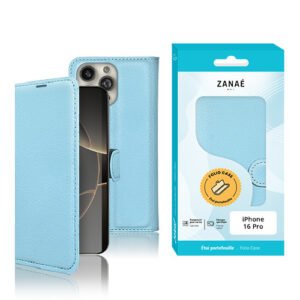 Etui Portefeuille Zanae pour iPhone 16 Pro, Bleu clair