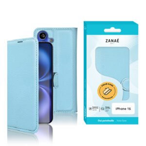 Etui Portefeuille Zanae pour iPhone 16, Bleu clair