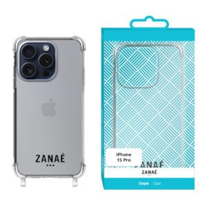 Coque imprimee logo Zanae avec anneaux integres pour iPhone 15 Pro, Transparent