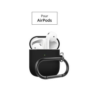 Étui noir pour AirPods avec mousqueton métallique, design élégant et protection pratique.
