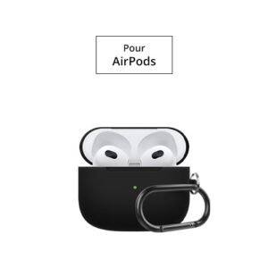 Étui noir élégant pour AirPods avec mousqueton métallique, design moderne sur fond blanc.