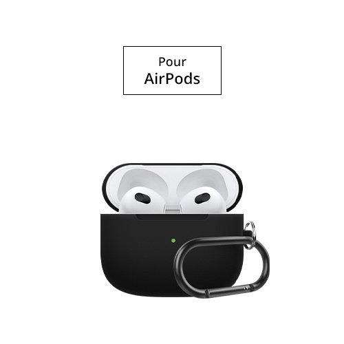 Étui noir élégant pour AirPods avec mousqueton métallique, design moderne sur fond blanc.