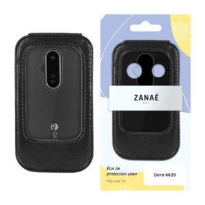 Étui noir à rabat pour Doro 6620 avec design élégant et emballage ZANAÉ moderne.