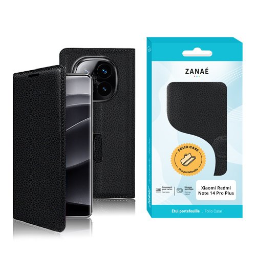 Étui portefeuille noir texturé pour Xiaomi Redmi Note 14 Pro Plus avec boîte bleue élégante.