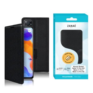 Étui folio noir ZANAÉ pour Xiaomi Redmi Note 11 Pro 5G avec emballage turquoise.