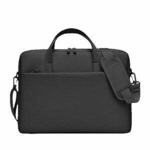 Sac ordinateur portable noir moderne avec poignées et bandoulière, élégant et professionnel.