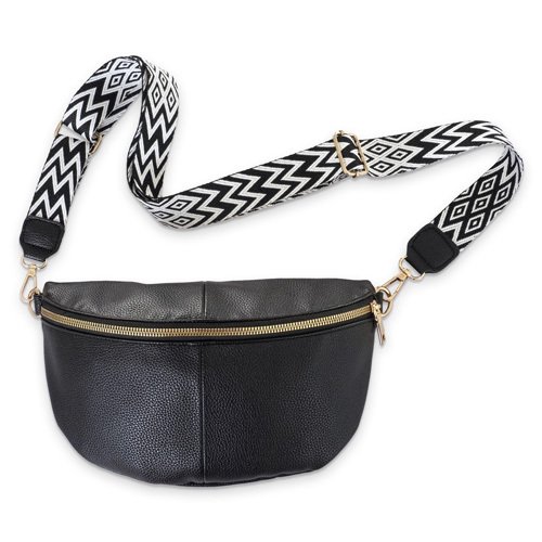 Sac bandoulière noir moderne avec sangle géométrique noir et blanc et finitions dorées élégantes.
