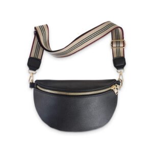 Sac banane en cuir noir avec fermeture dorée et sangle rayée beige, rouge et noire.