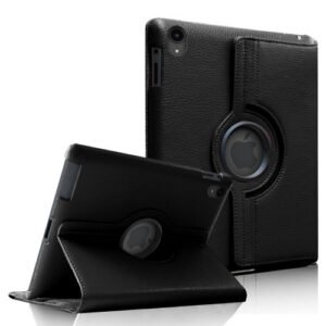 Étui iPad rotatif en cuir noir avec support intégré, élégant et protecteur.