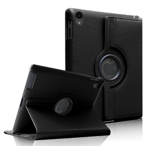 Étui iPad rotatif en cuir noir avec support intégré, élégant et protecteur.