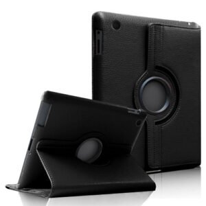 Étui rotatif en cuir noir pour tablette avec support pliable élégant et protection complète.