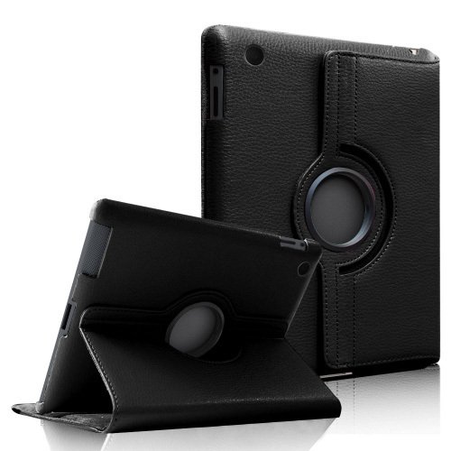 Étui rotatif en cuir noir pour tablette avec support pliable élégant et protection complète.