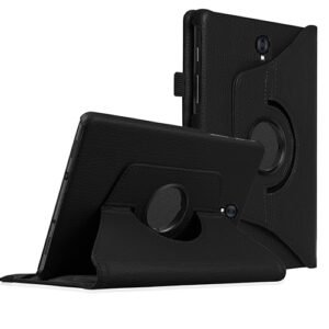 Étui noir rotatif 360° pour tablette, en simili cuir avec support pliable et découpes précises.