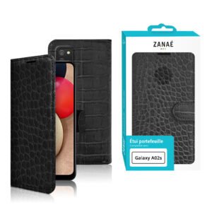 Étui portefeuille noir effet crocodile pour Samsung Galaxy A02s, élégant et protecteur.