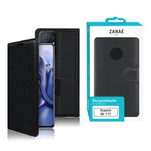 Étui portefeuille noir en simili cuir pour Xiaomi Mi 11T avec fermeture magnétique élégante.