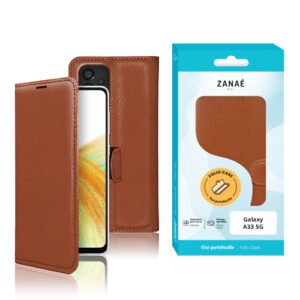 Étui portefeuille marron élégant pour Samsung Galaxy A33 5G avec emballage ZANAÉ moderne.