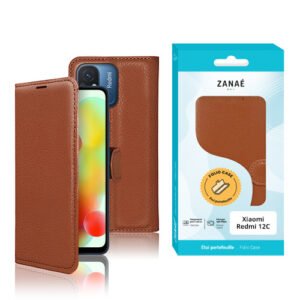 Étui folio en cuir marron pour Xiaomi Redmi 12C avec emballage ZANAÉ élégant.