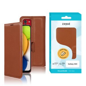 Étui folio ZANAÉ en cuir marron pour Samsung Galaxy A03 avec fermeture magnétique élégante.
