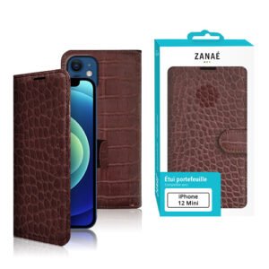 Étui portefeuille marron effet crocodile pour iPhone 12 Mini avec emballage ZANAÉ élégant