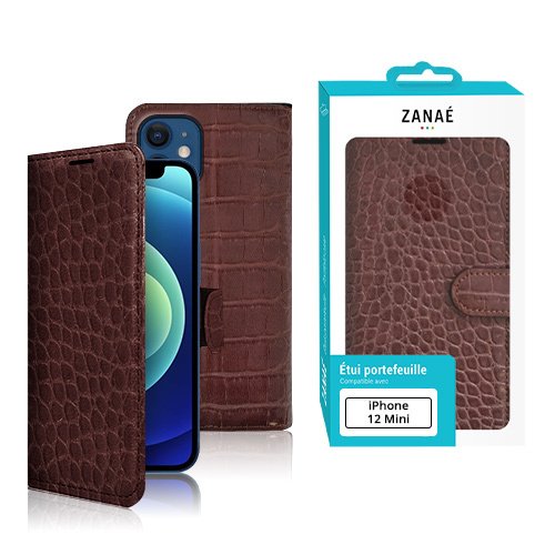 Étui portefeuille marron effet crocodile pour iPhone 12 Mini avec emballage ZANAÉ élégant