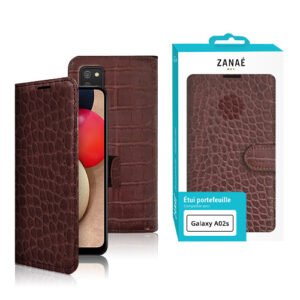 Étui portefeuille marron effet cuir crocodile pour Samsung Galaxy A02s avec fermeture magnétique élégante.