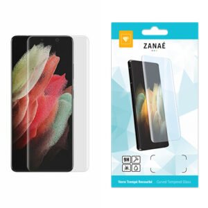 Protection d’écran ZANAÉ en verre trempé courbé pour smartphone avec emballage turquoise élégant.