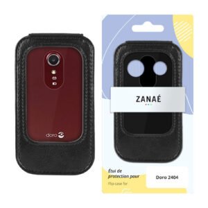 Étui noir en similicuir ZANAÉ pour Doro 2404, avec téléphone rouge et emballage.