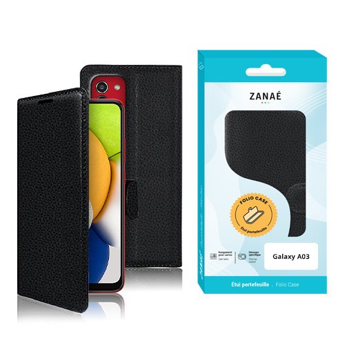 Étui folio noir ZANAÉ pour Samsung Galaxy A03 avec protection 360° et fermeture magnétique.