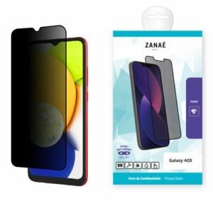 Verre trempé de confidentialité ZANAE pour Samsung Galaxy A03 avec protection anti‑regard et emballage bleu.