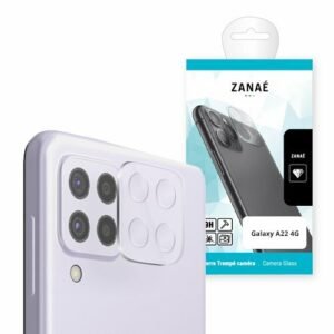 Protection d’objectif ZANAÉ transparente pour Samsung Galaxy A22 4G avec emballage moderne bleu et blanc.