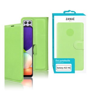 Étui portefeuille vert citron en similicuir pour Samsung Galaxy A22 4G avec fermeture magnétique.