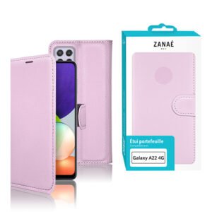 Coque portefeuille rose pastel Samsung Galaxy A22 4G avec texture cuir et fermeture magnétique élégante.