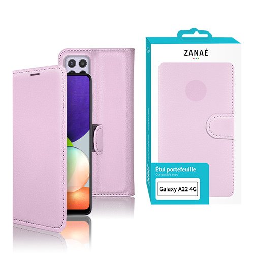 Coque portefeuille rose pastel Samsung Galaxy A22 4G avec texture cuir et fermeture magnétique élégante.