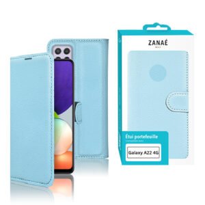 Étui portefeuille bleu clair ZANAÉ pour Samsung Galaxy A22 4G avec fermeture magnétique élégante.