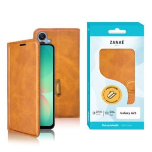 Étui portefeuille ZANAÉ en similicuir camel pour Samsung Galaxy A25 avec design folio élégant.