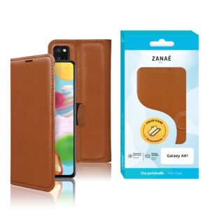 Étui folio marron élégant pour Samsung Galaxy A41 avec emballage ZANAÉ moderne et raffiné.
