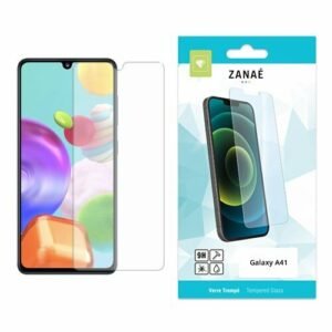 Verre trempé ZANAÈ 9H pour Samsung Galaxy A41 avec emballage moderne blanc et bleu.