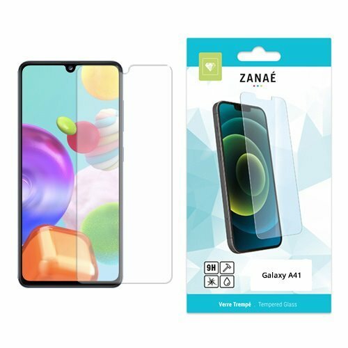 Verre trempé ZANAÈ 9H pour Samsung Galaxy A41 avec emballage moderne blanc et bleu.
