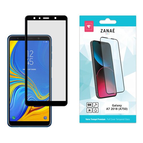 Verre trempé ZANAÉ noir pour Samsung Galaxy A7 2018 avec emballage élégant.