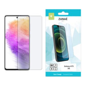 Verre trempé ZANAÉ pour Samsung Galaxy A73 5G avec téléphone et emballage moderne.