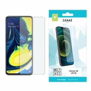 Verre trempé ZANAË 9H transparent pour Samsung Galaxy A8 2018 avec emballage turquoise.