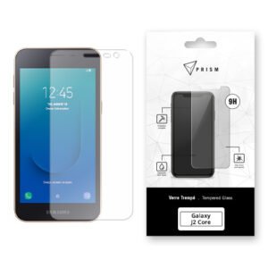 Verre trempé PRISM pour Samsung Galaxy J2 Core avec smartphone et emballage résistant 9H.