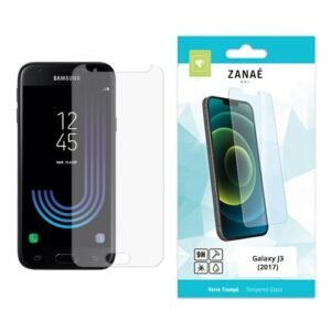 Verre trempé ZANAÉ transparent pour Samsung Galaxy J3 2017 avec emballage blanc et bleu.