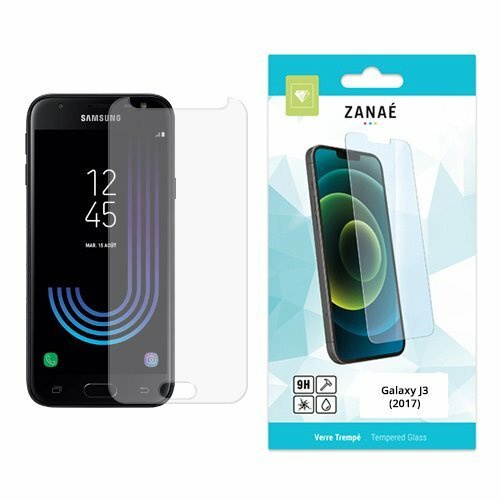 Verre trempé ZANAÉ transparent pour Samsung Galaxy J3 2017 avec emballage blanc et bleu.