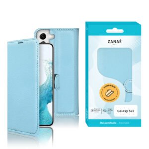 Étui folio bleu clair Samsung Galaxy S22 avec texture cuir élégante et fermeture magnétique.
